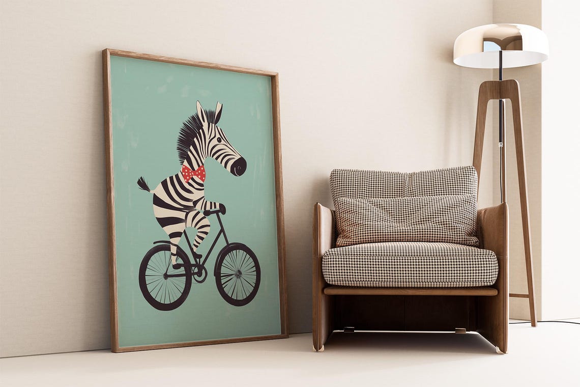 Whimsical Zebra Riding A Bicycle With Red Bow Tie Nursery Poster