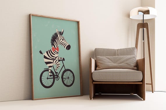 Zebra On Bike Wall Art Animal Cycling Illustration Whimsical Nursery Decor Cute Kids Room Playful Safari Print