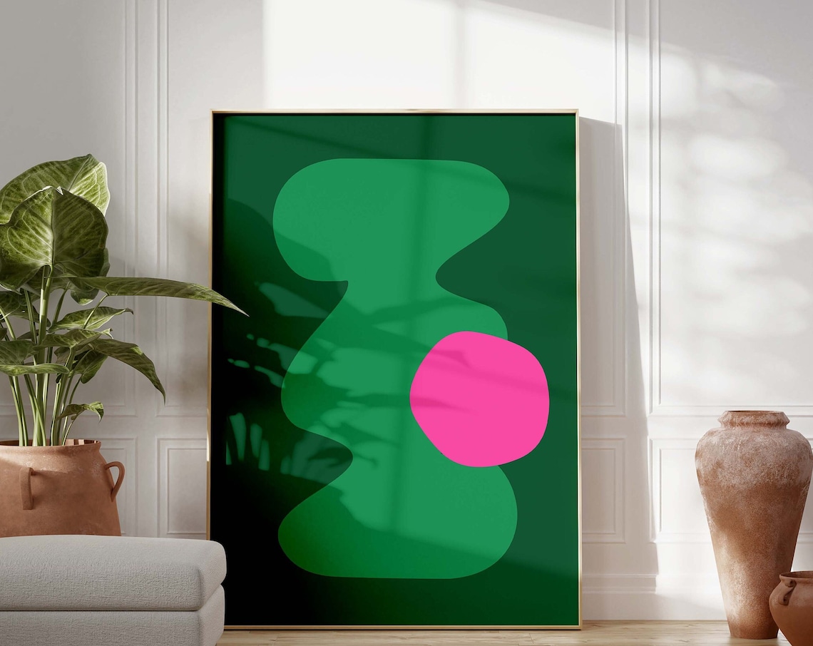 Green Abstract Modern Poster, Pink Maximalist Art Print