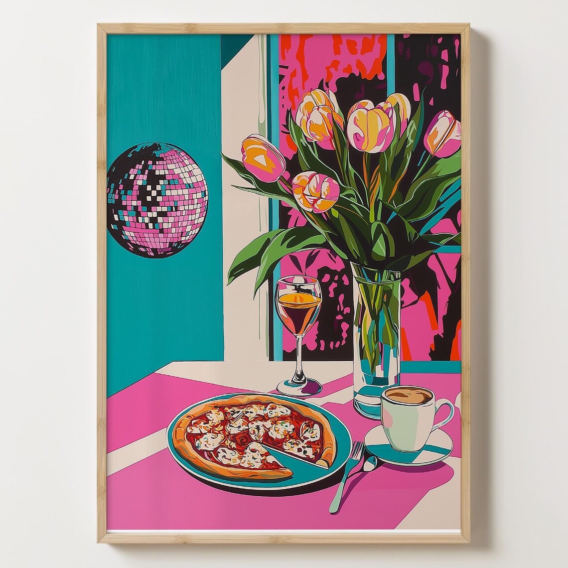 Pop Art Still Life With Tulips Pizza Wine And Disco Ball Poster