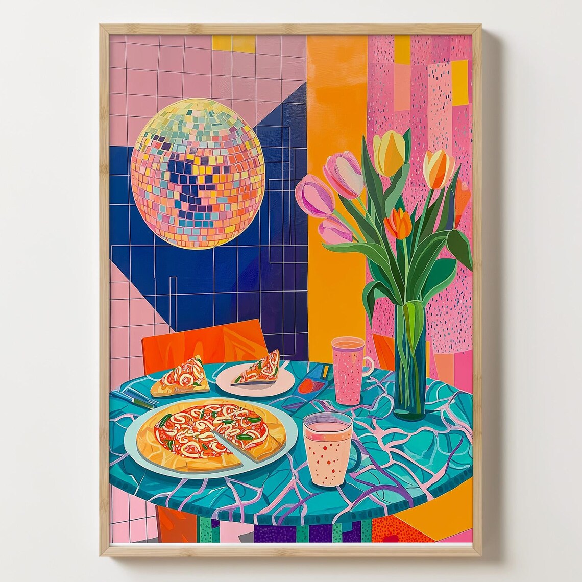 Retro Pizza Night Scene With Disco Ball and Fresh Tulips Wall Art