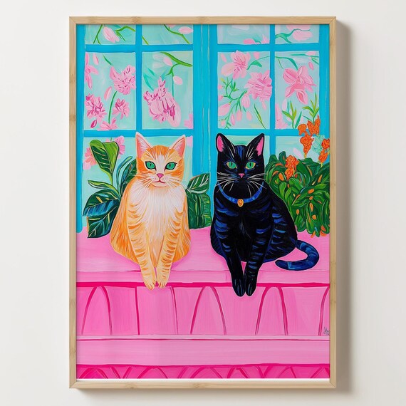 Ginger and Black Cats on a Pink Ledge by Floral Window Poster
