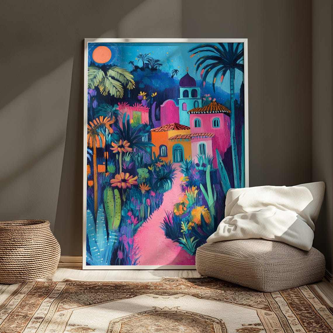 Colorful Mexican Village Night Pink Houses Bell Tower Art Print - Image 3