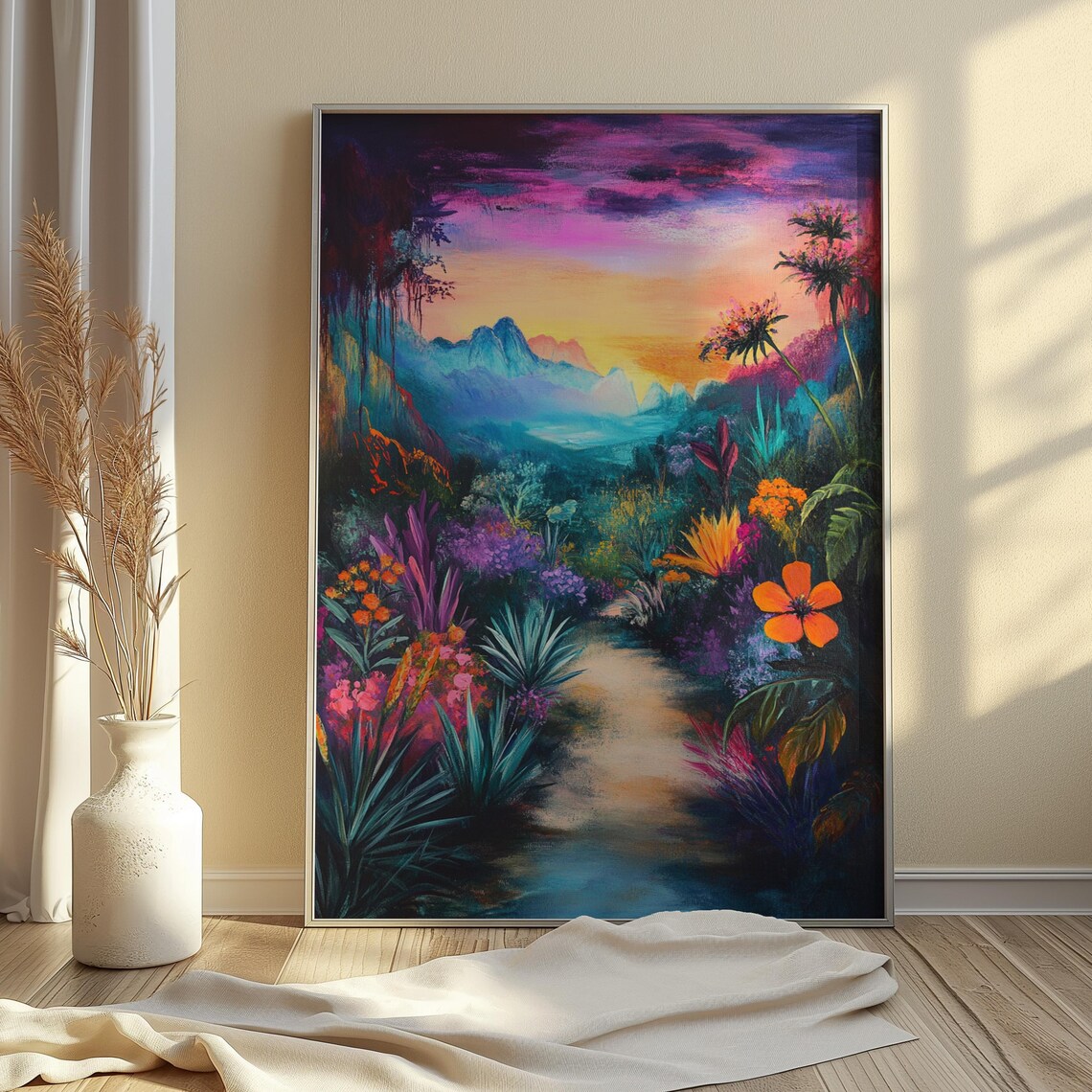 Dreamy Jungle Path Sunset Magenta Sky Lush Flowers Mountain View Landscape Poster - Image 4