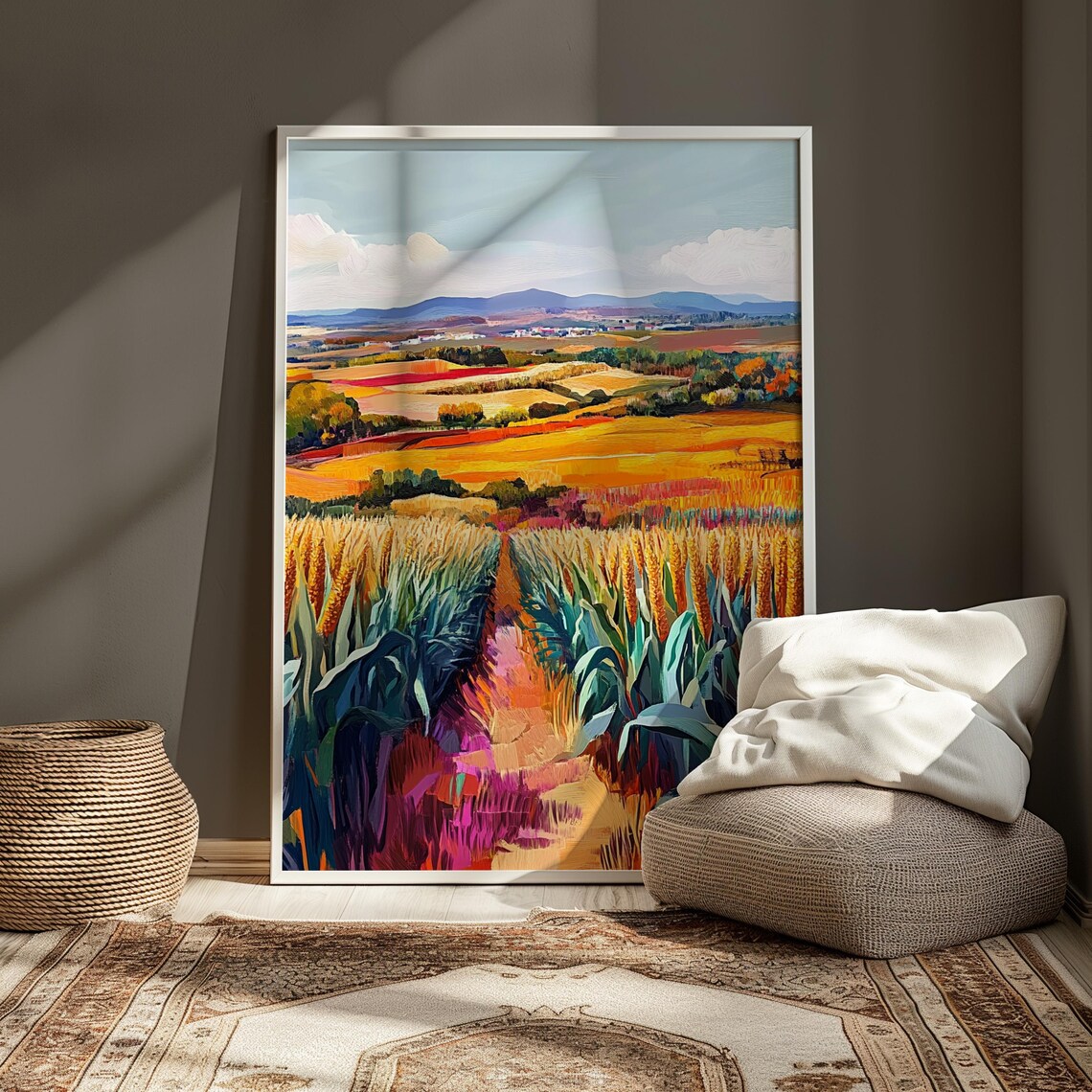 Corn Rows Golden Wheat Fields Rolling Orange Farmland Distant Hills Landscape Poster - Image 3