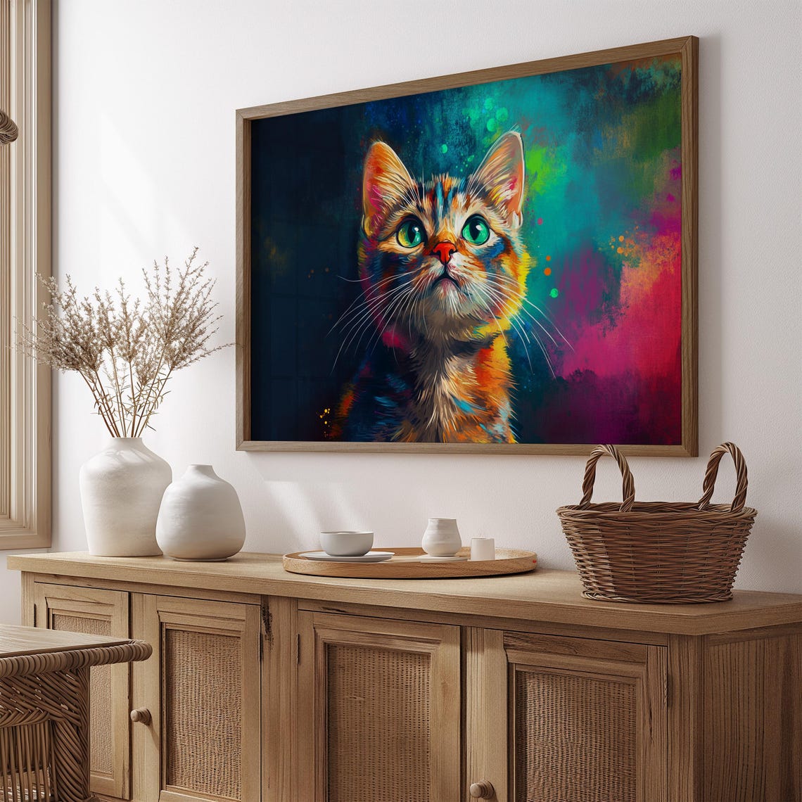 Tabby Kitten Sitting Neon Paint Splashes Dark Blue Background Poster