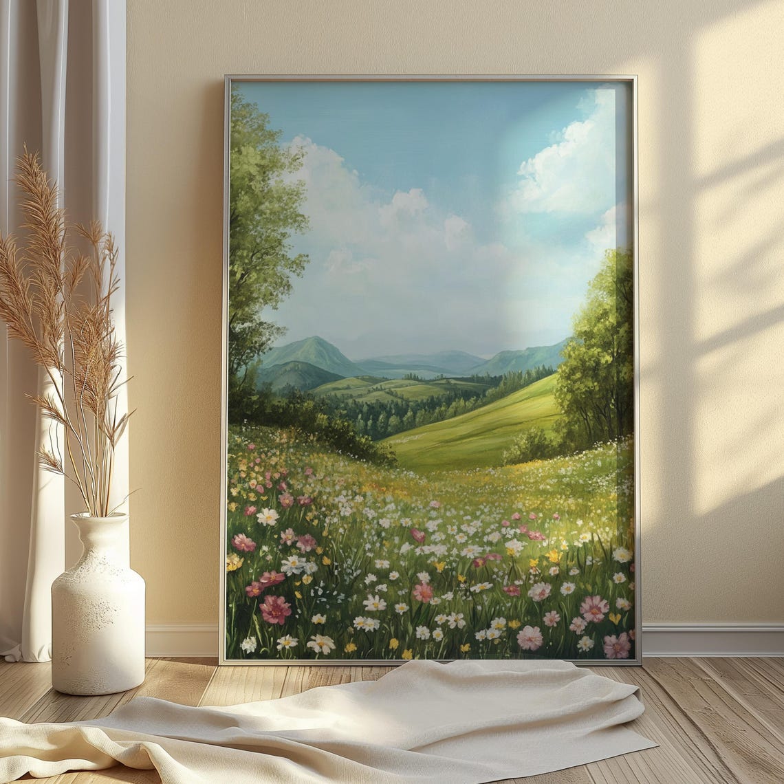 Lush Green Valley Wildflower Meadow Mountain View Oil Painting Poster - Image 2