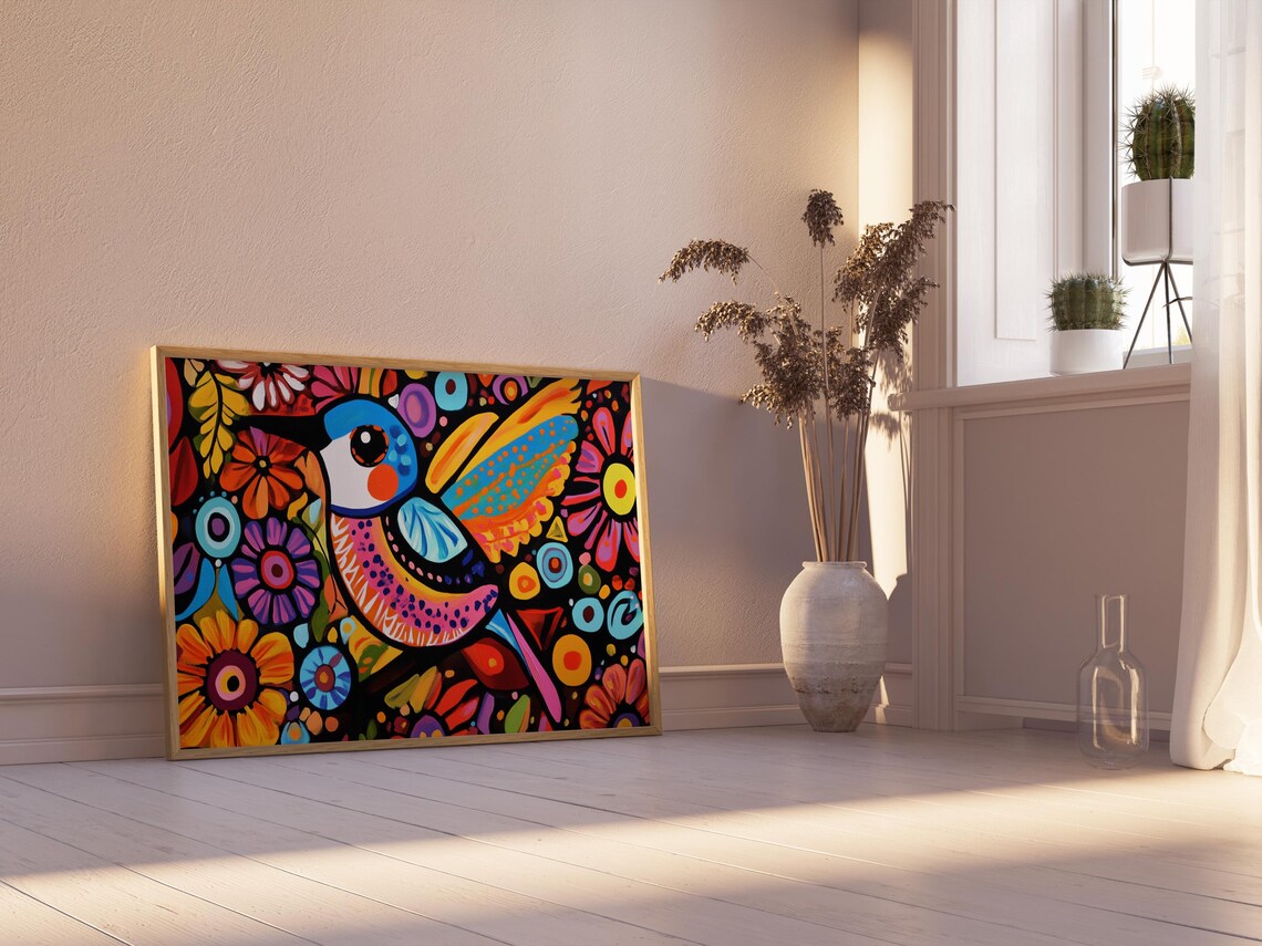 Folk Art Bird Wings Spread Print Colorful Floral Night Garden Wall Art - Image 2