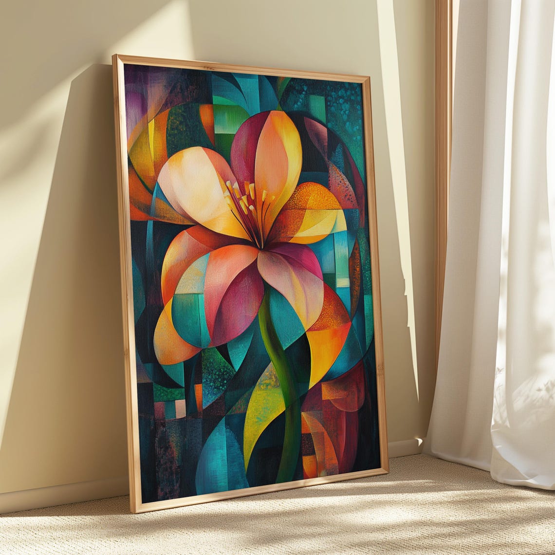 Pink Orange Lily Cubist Teal Green Abstract Floral Garden Poster - Image 5