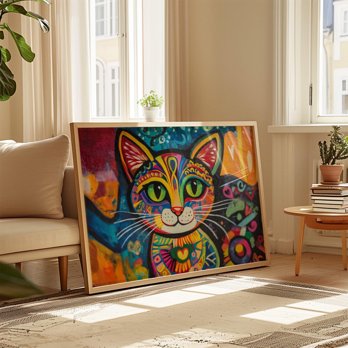 Rainbow Boho Cat Mandala Patterns Green Eyes Colorful Happy Cat Poster - Image 4