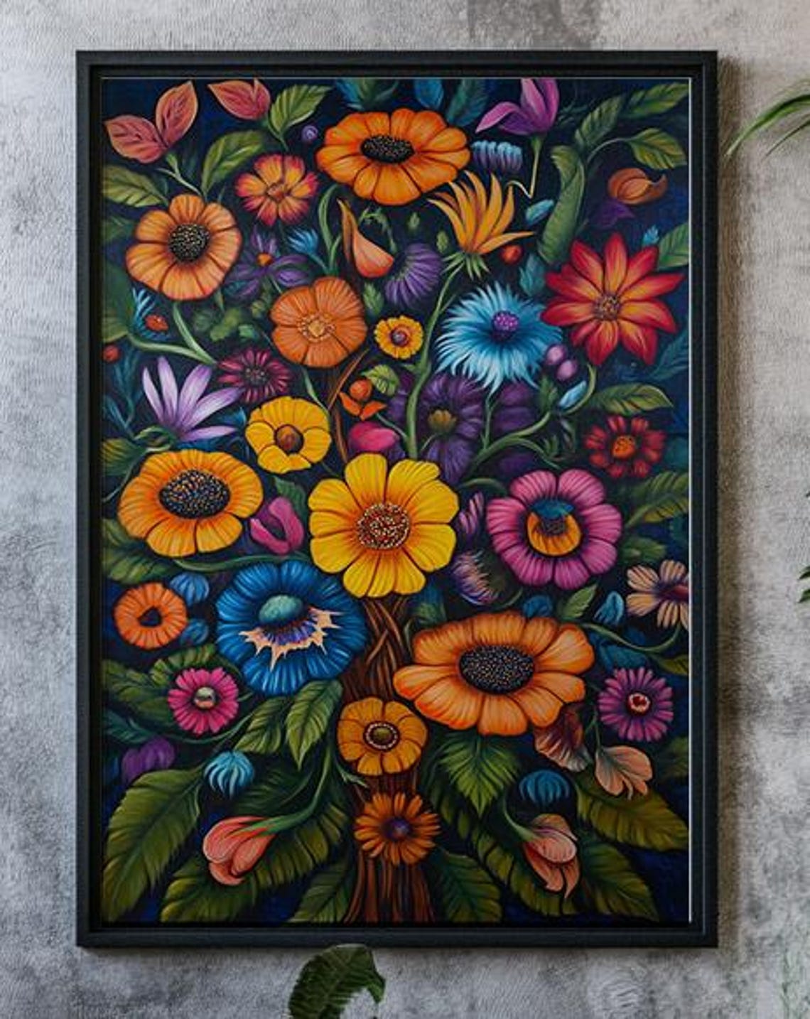 Colorful Folk Art Flowers on Dark Background Botanical Poster
