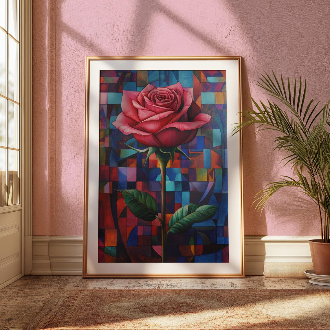 Pink Red Rose Cubist Mosaic Blue Red Modern Garden Floral Poster - Image 2