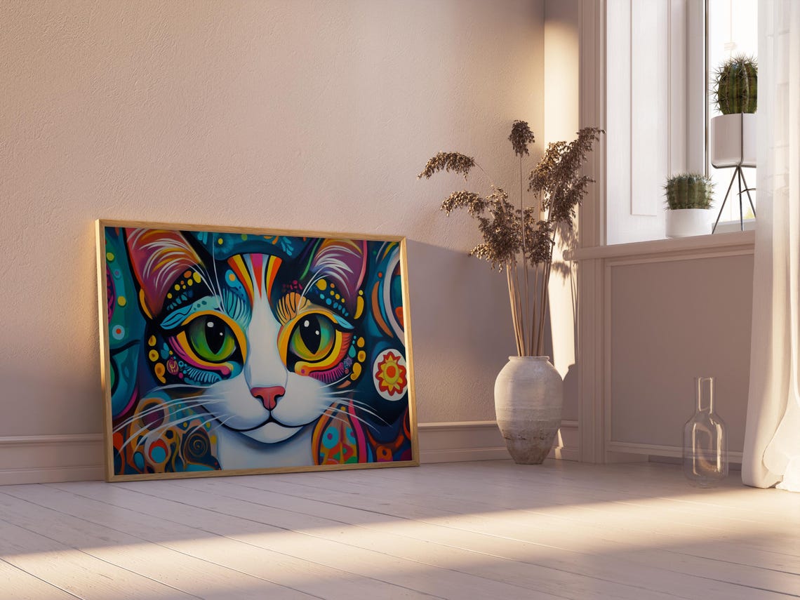 White Cat Huge Green Eyes Rainbow Psychedelic Pattern Face Art Poster - Image 2