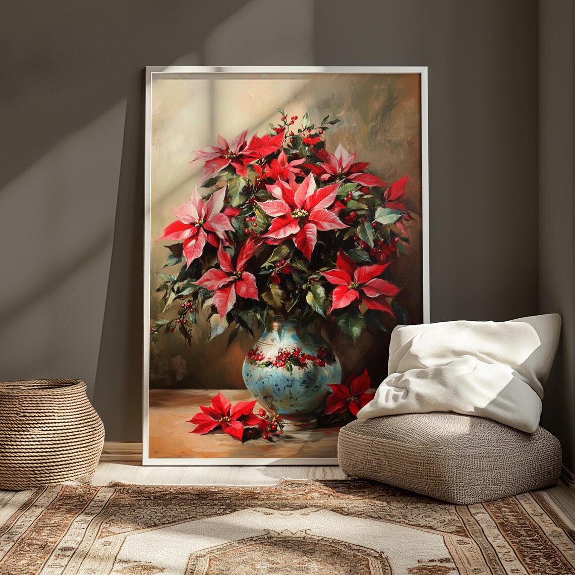 Pink Red Poinsettia Berries Blue Vase Christmas Still Life Poster - Image 4