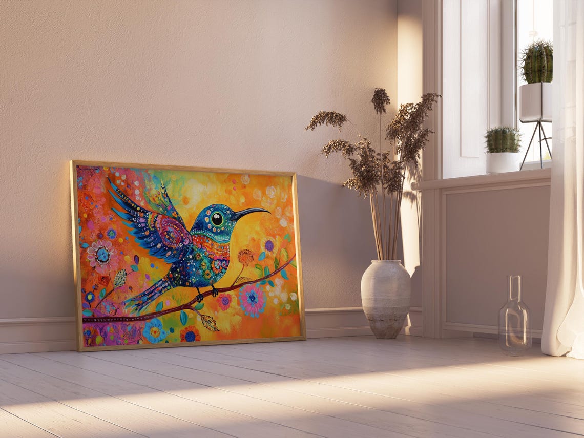 Sapphire Hummingbird Raised Patterned Wings Long Beak Fiesta Art Print - Image 2