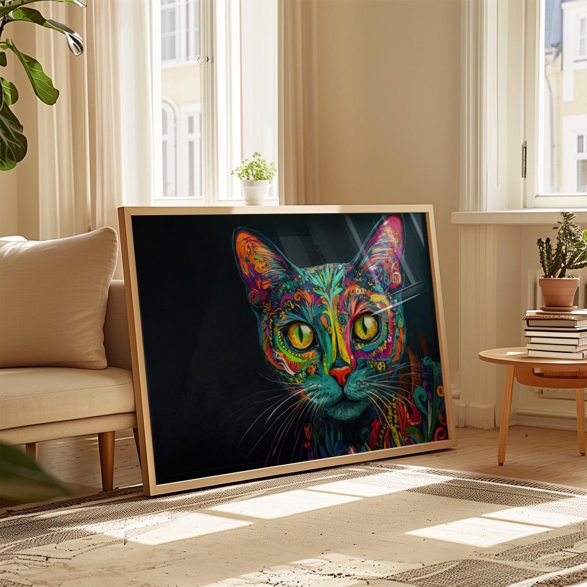 Mexican Folk Art Cat Face Front View Colorful Alebrije Pattern Poster - Image 4