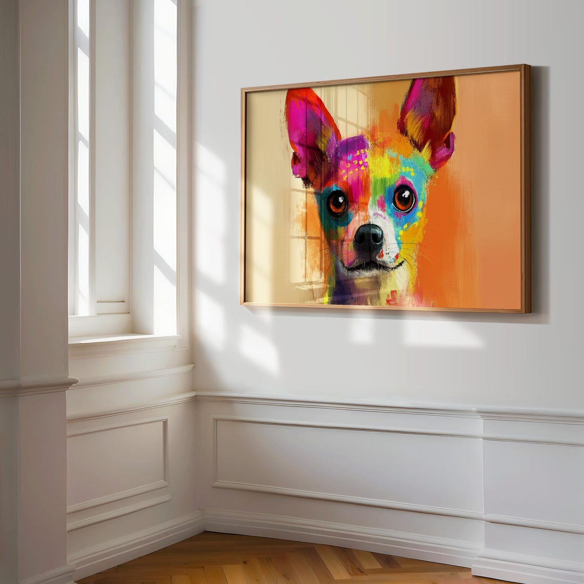 Colorful Painted Small Dog Portrait Big Ears Orange Background Poster - Image 3