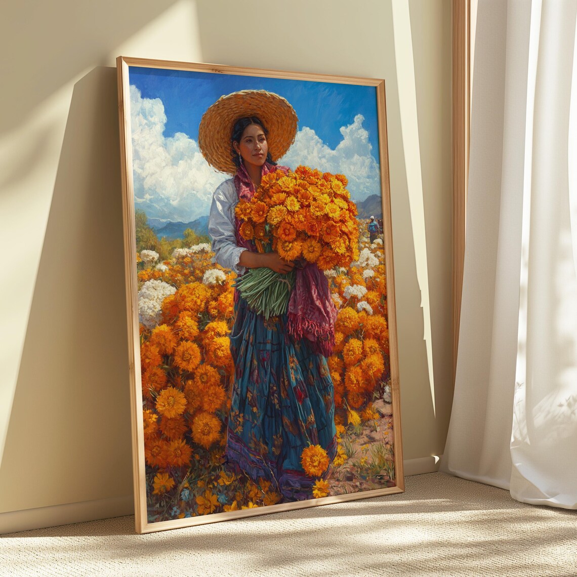Mexican Woman Marigold Harvest Traditional Folk Art Portrait Wall Poster - Image 4