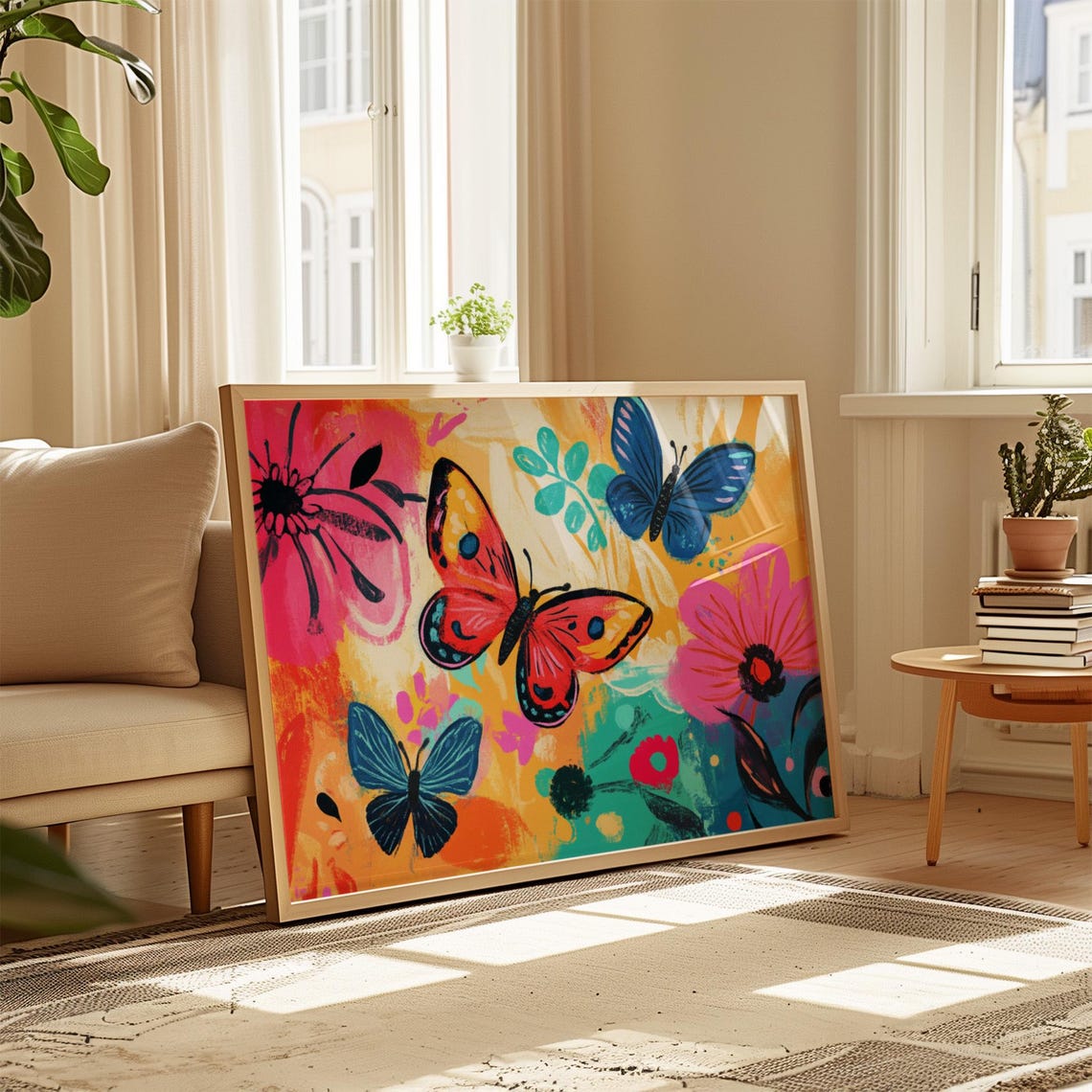 Three Red Blue Butterflies Among Pink Blossoms Bright Poster - Image 4