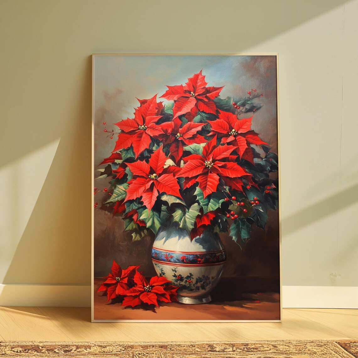 Red Poinsettia Berries Banded Vase Classic Christmas Still Life Poster