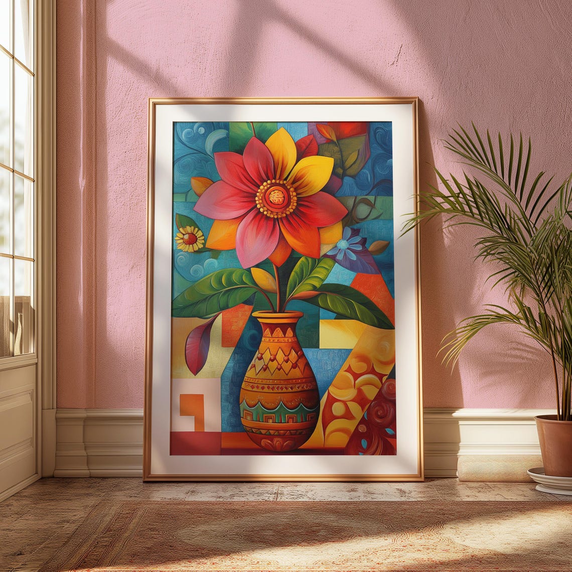 Red Blossom Terracotta Vase Blue Mosaic Pattern Floral Poster - Image 2