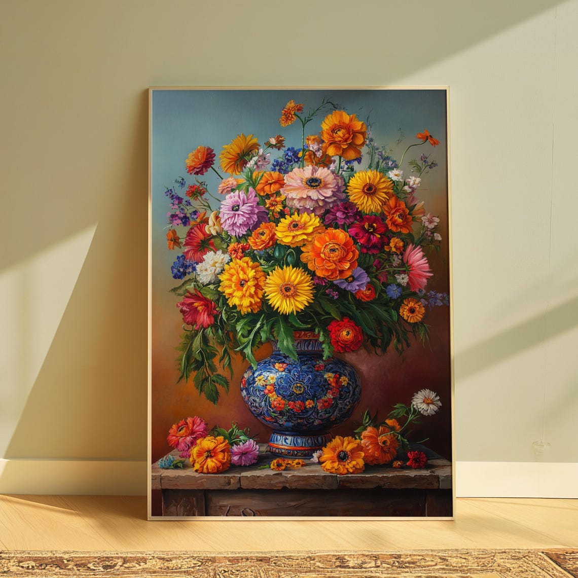 Vivid Sunflower Daisy Zinnia Bouquet Blue Mexican Vase Floral Poster