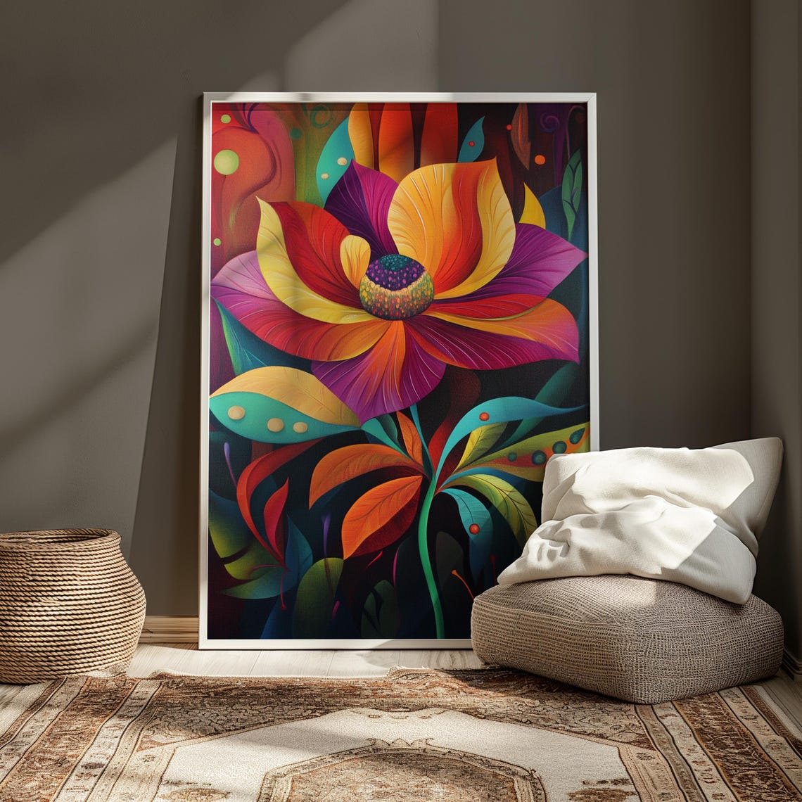 Fiery Sunset Bloom Dark Background Vivid Abstract Floral Art Poster - Image 3