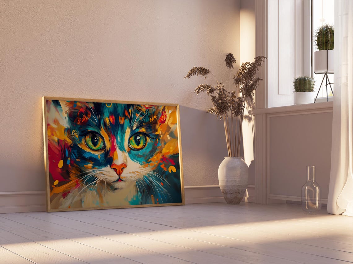Cat Face Close Up Teal Orange Abstract Brushstroke Painting Poster - Image 2