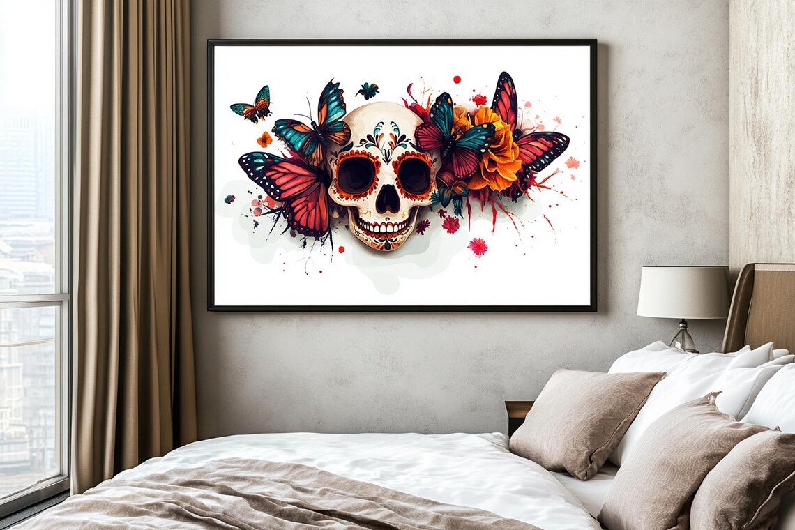 Day Of The Dead Sugar Skull With Butterflies Floral Art Poster - Image 2