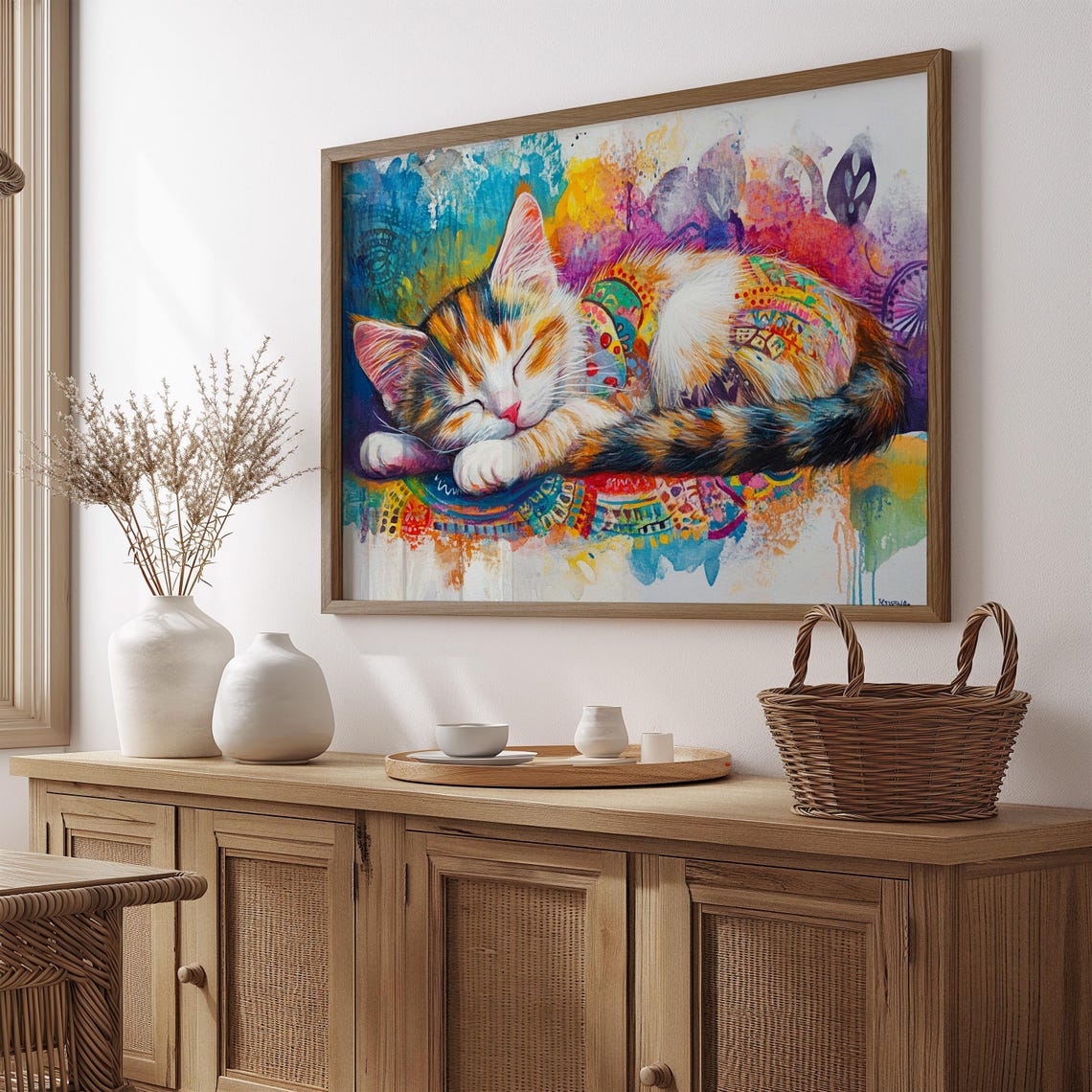 Sleeping Calico Kitten Colorful Mandala Rug Watercolor Cozy Cat Poster