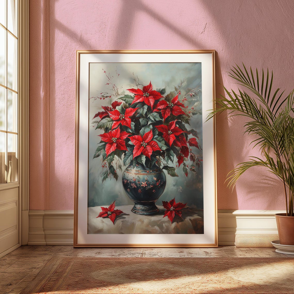 Red Poinsettia Dark Blue Floral Vase Soft Christmas Still Life Poster - Image 2