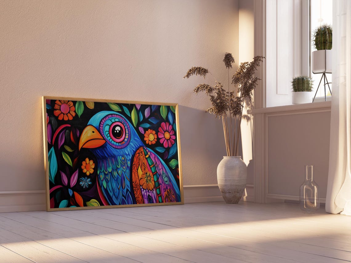 Close Up Blue Bird Portrait Orange Beak Alebrije Night Bloom Art Print - Image 2