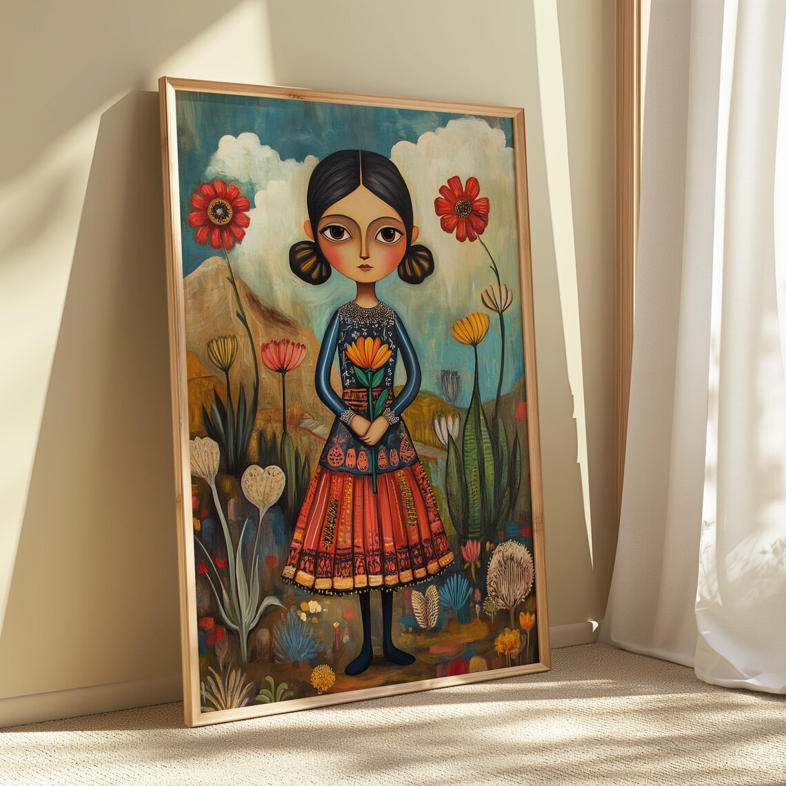 Folk Style Girl Embroidered Dress Holding Flower Bloom Garden Poster - Image 4
