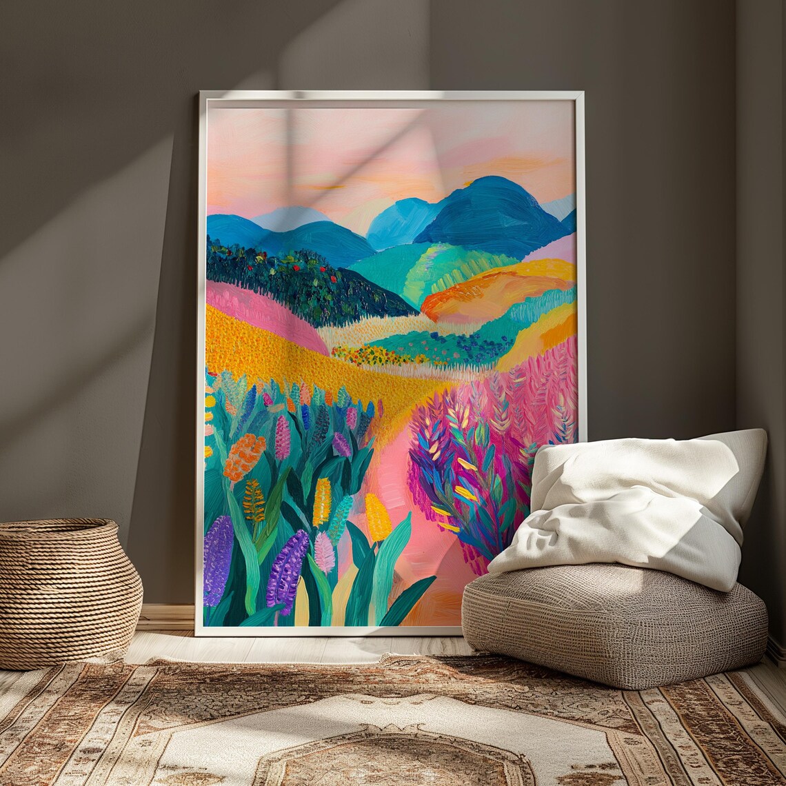 Pastel Pink Countryside Valley Teal Hills Soft Meadow Art Print - Image 3