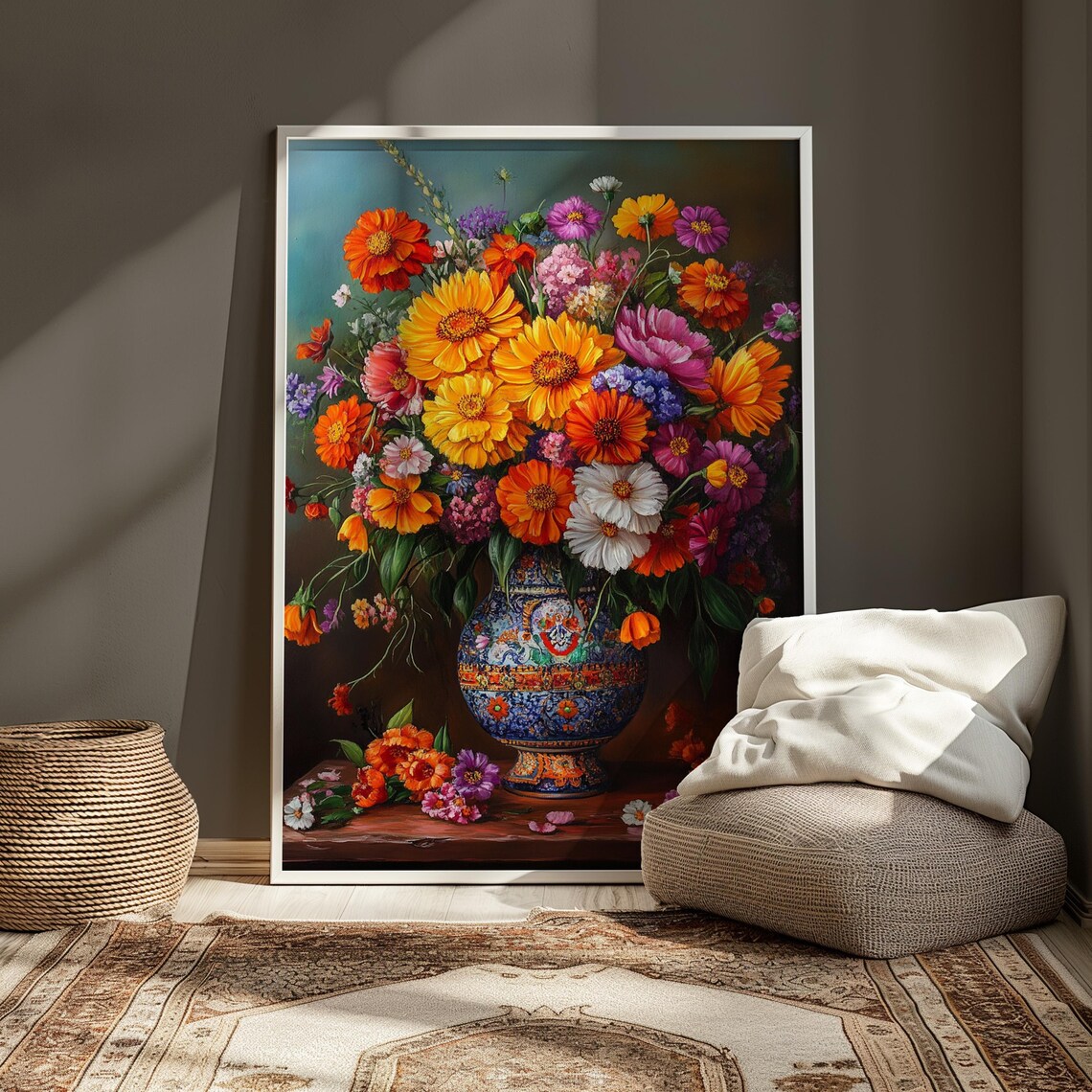 Mexican Folk Art Overflowing Zinnia Bouquet In Ornate Blue Vase Print - Image 3