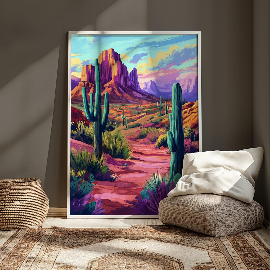 Red Rock Mesa Saguaro Cactus Desert Trail Landscape Art Poster - Image 3