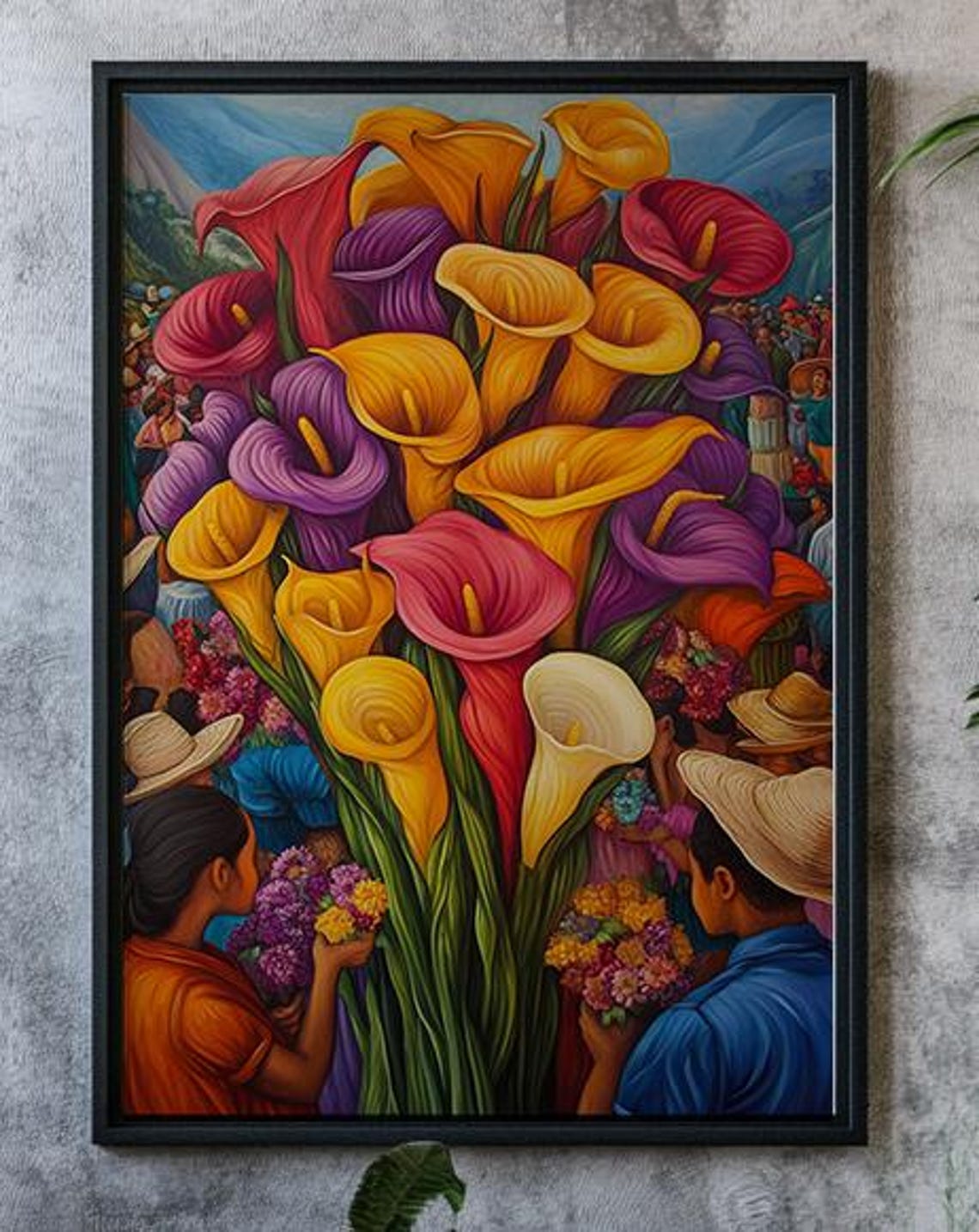 Colorful Calla Lily Flower Market Scene Latin Folk Art Poster