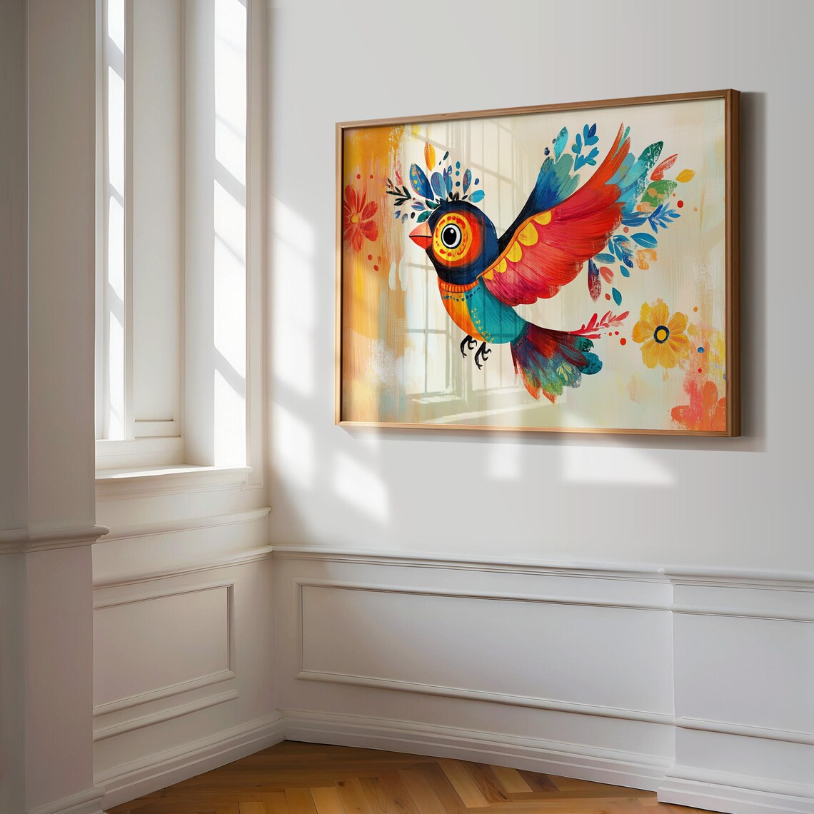 Flying Folk Art Bird Red Wings Cream Floral Background Poster - Image 3