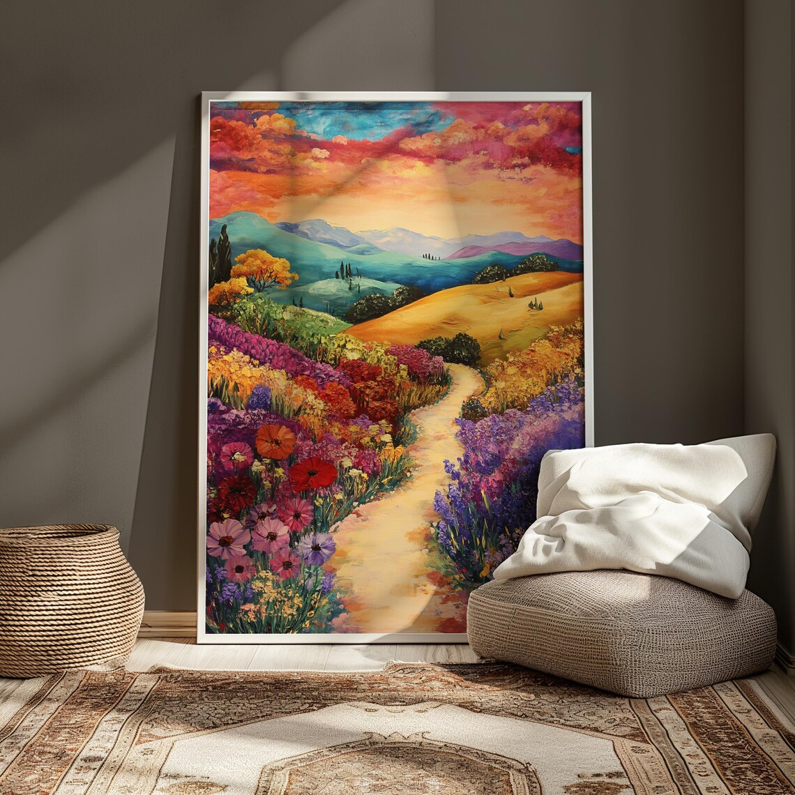 Flower Lined Path Sunset Hills Poppies Lavender Romantic Landscape Poster - Image 3