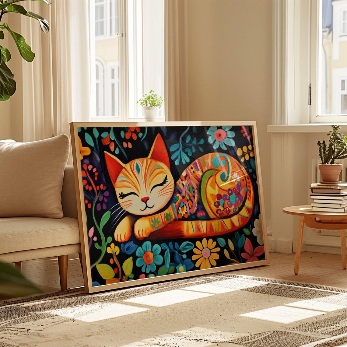 Ginger Cat Sleeping Floral Night Garden Patterned Coat Cozy Art Poster - Image 4