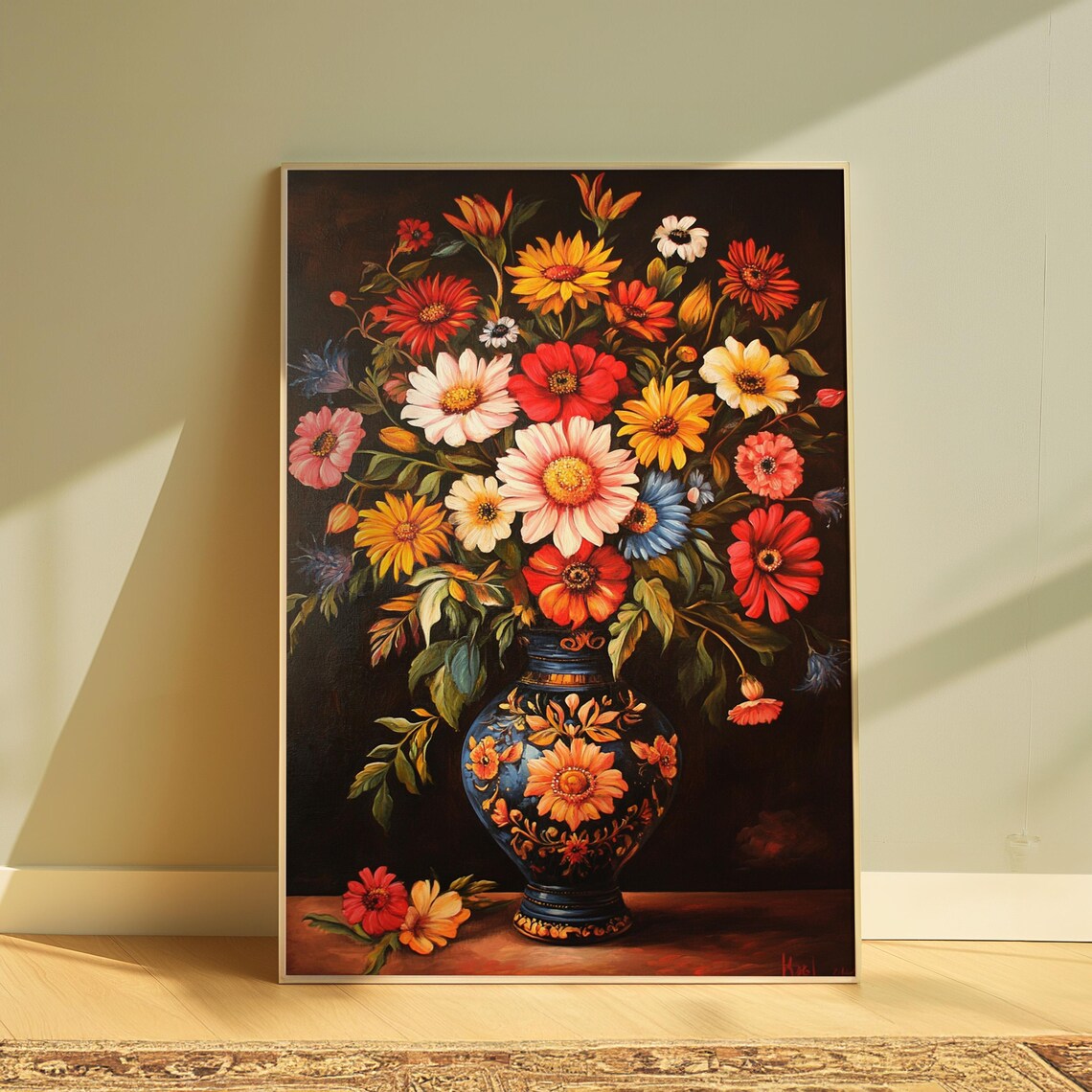 Classic Zinnia Daisy Bouquet Dark Blue Ornate Vase Moody Floral Poster