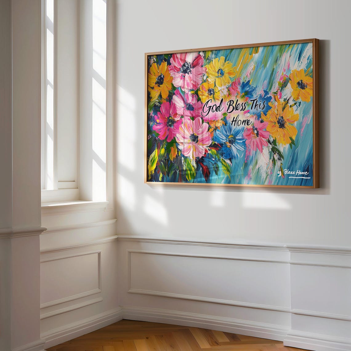 God Bless This Home Daisy Bloom Teal Brushstroke Floral Poster - Image 3