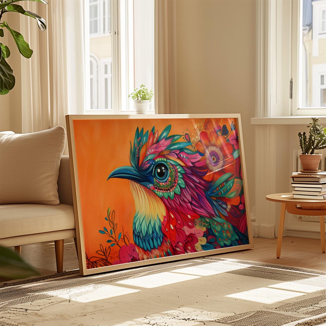 Teal Pink Fantasy Bird Head Profile Bold Orange Floral Art Print - Image 4