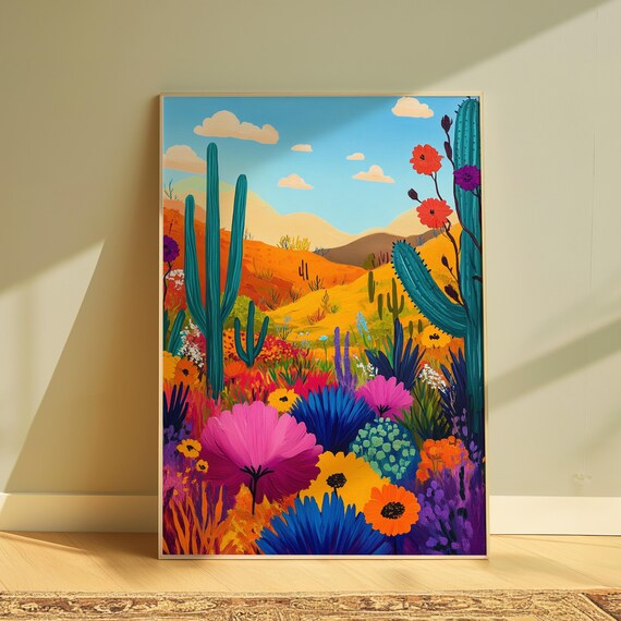 Bright Folk Art Desert Bloom Teal Saguaro Cacti Giant Wildflowers Poster