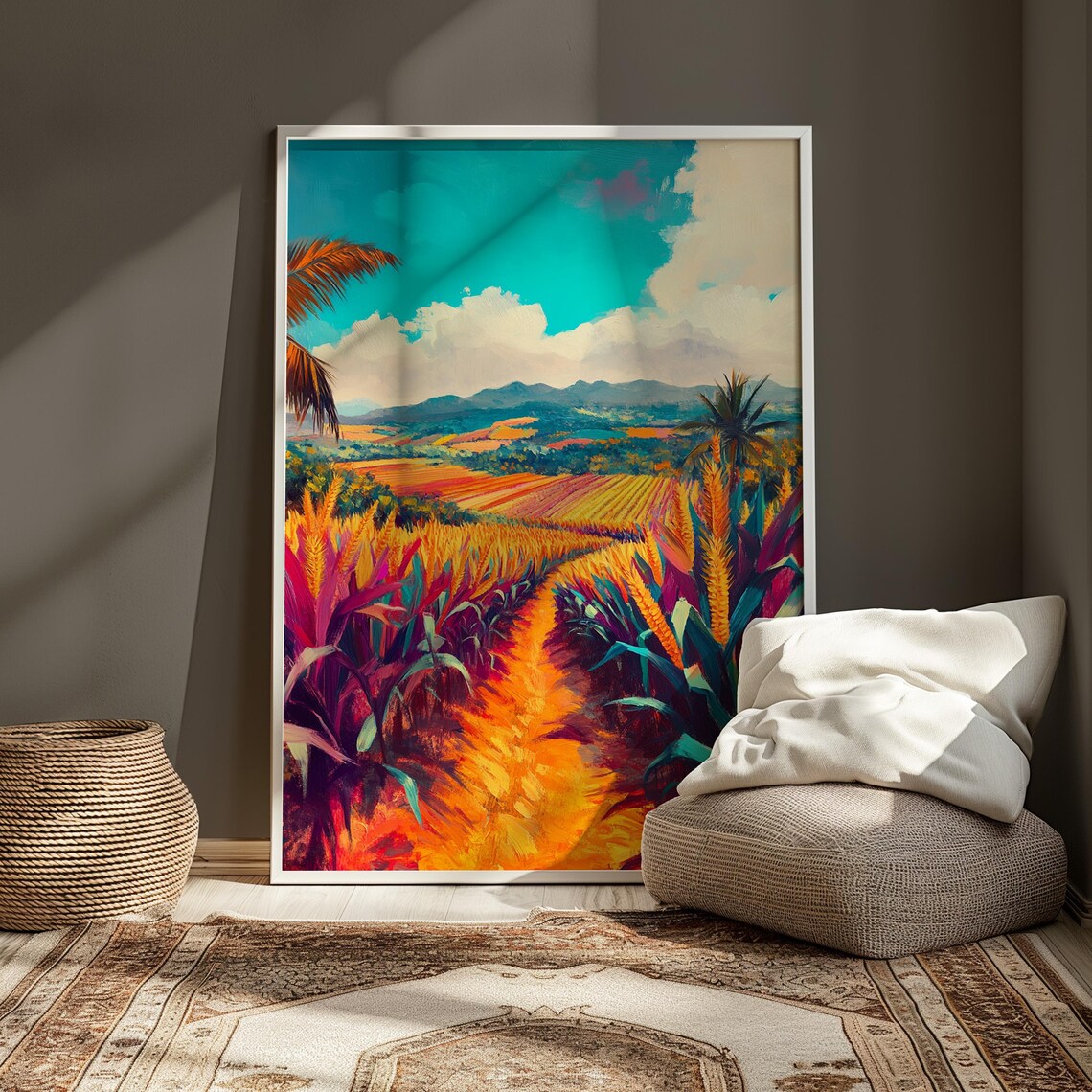 Tropical Valley Cornfield Palms Mountains Colorful Landscape Art Poster - Image 3