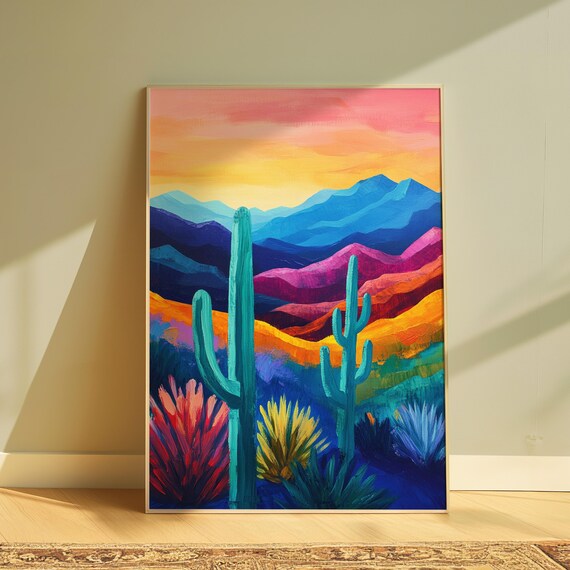 Desert Sunset Twin Saguaro Cacti Purple Mountains Colorful Southwest Poster