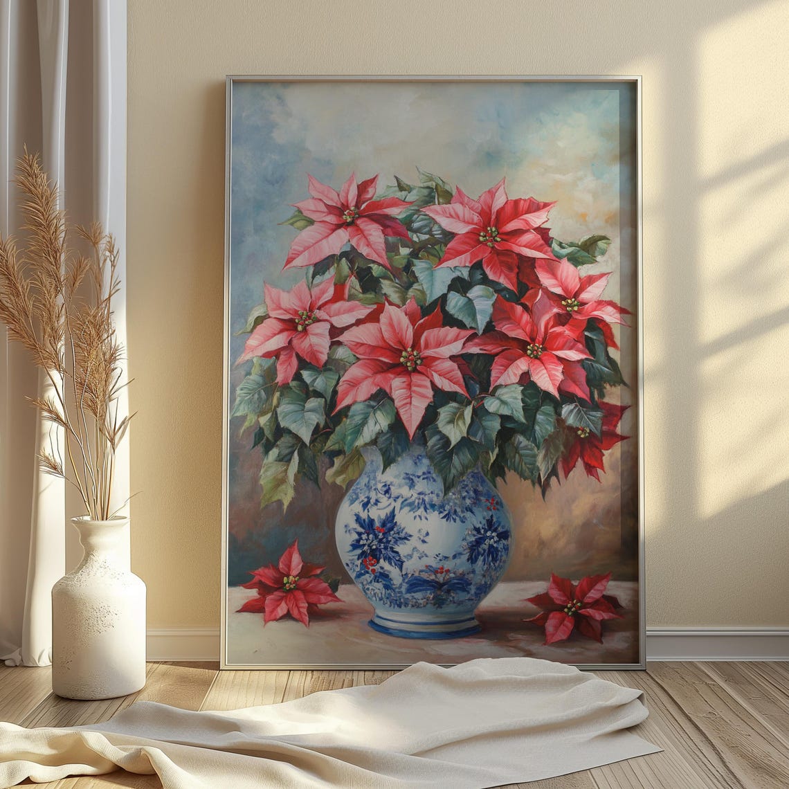 Pink Poinsettia Blue Porcelain Vase Soft Christmas Still Life Poster - Image 3