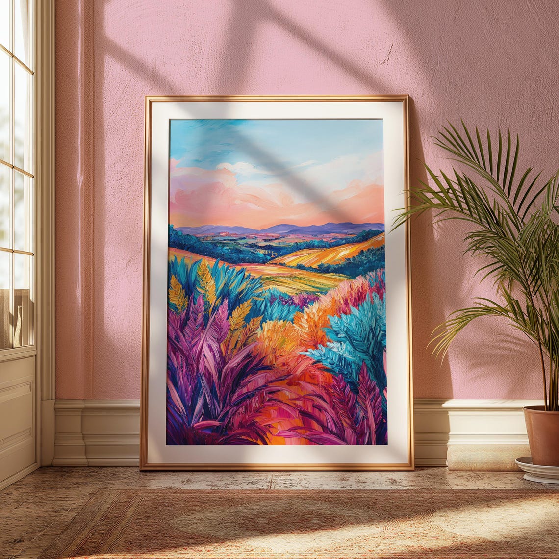 Colorful Rolling Hills Sunset Meadow Pink Sky Landscape Art Print - Image 2