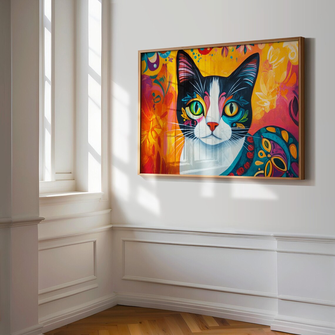 Tuxedo Cat Portrait Mismatched Eyes Colorful Folk Art Orange Poster - Image 3