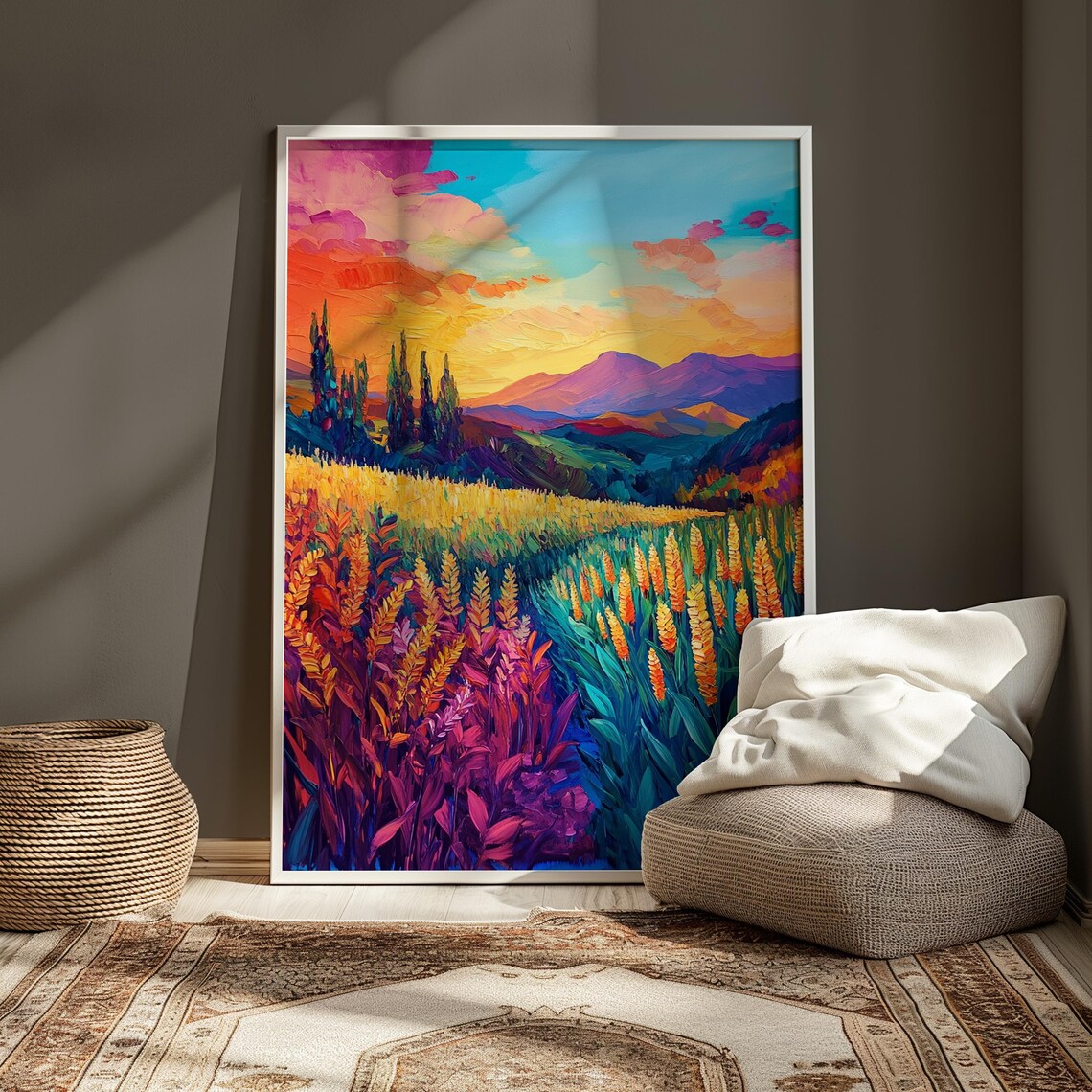 Mountain Valley Sunset Golden Wheat Field Vibrant Landscape Wall Art Poster - Image 3